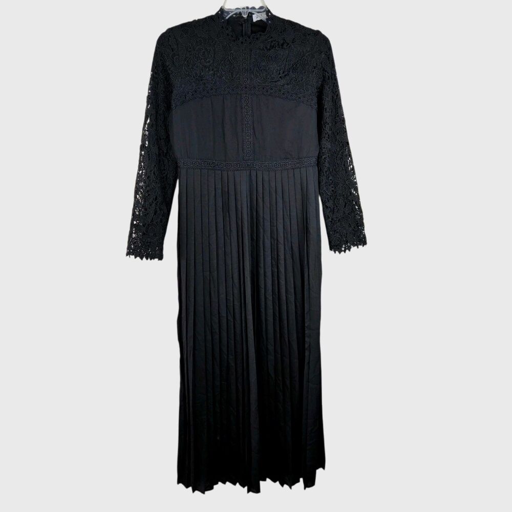 Polagram Dress Sz L Black Crochet Long Sleeve High Neck Maxi Pleated Goth Witchy